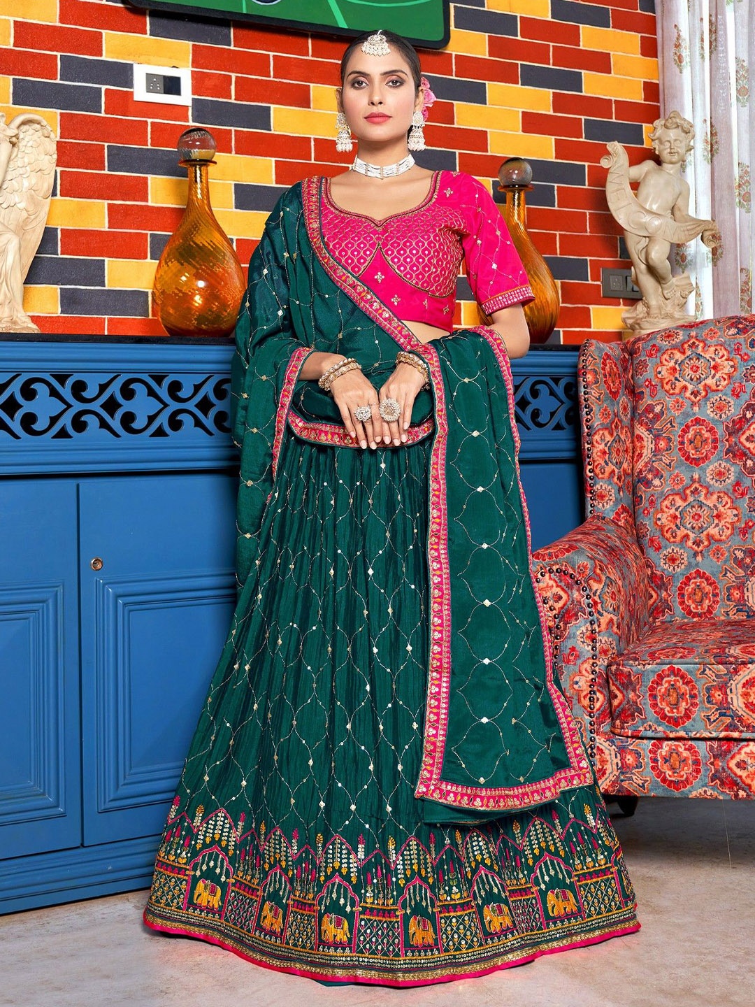 

VARNI FABRICS Embroidered Semi-Stitched Lehenga & Unstitched Blouse With Dupatta, Teal