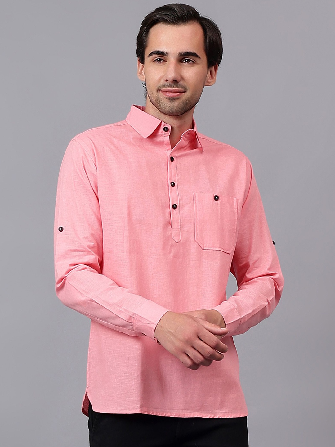 

Yugnik Shirt Collar Roll Up Sleeves Cotton Straight Short Kurta, Peach