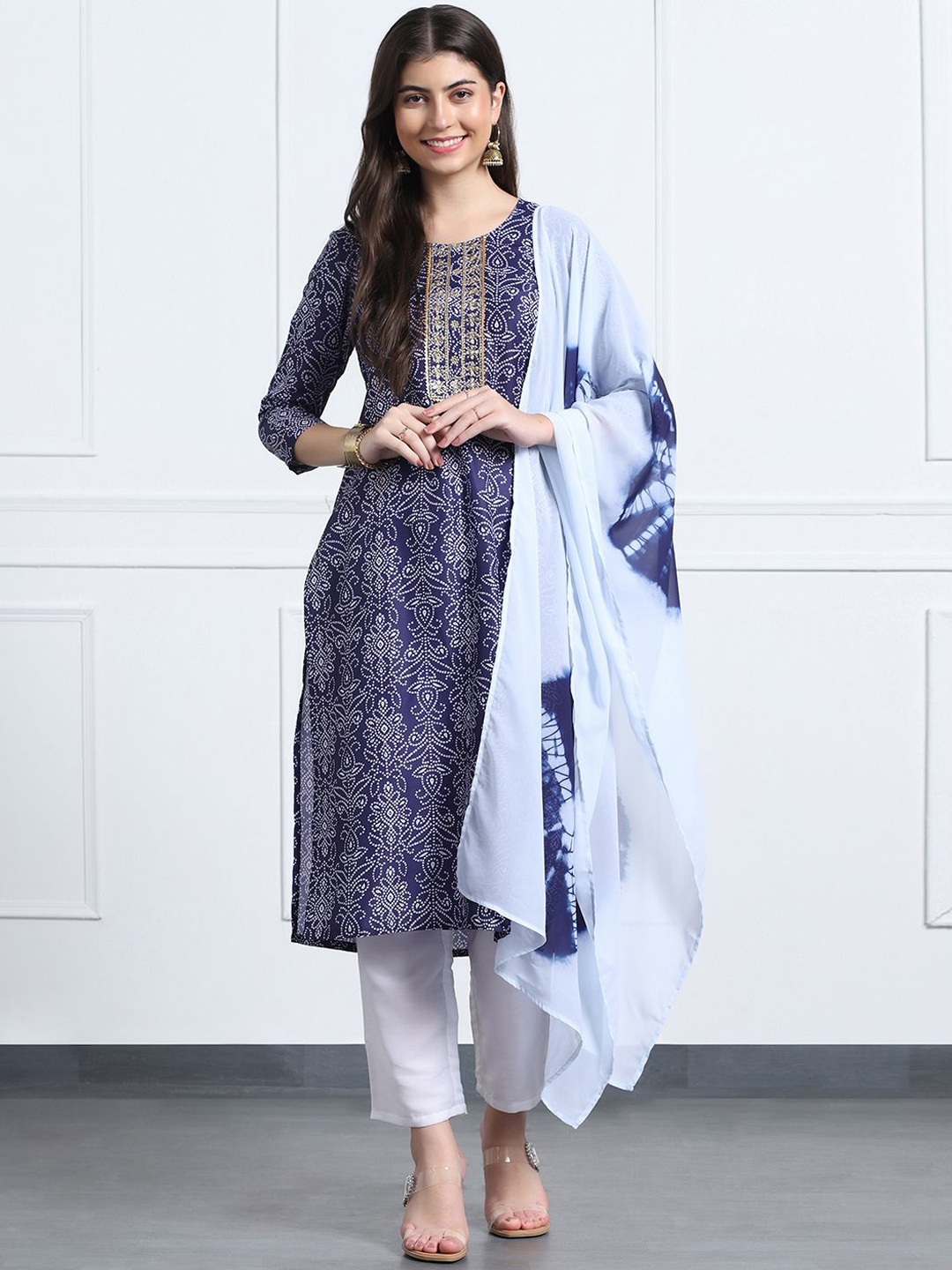 

FASHION DREAM Bandhani Printed Straight Kurta with Trousers & Dupatta, Blue