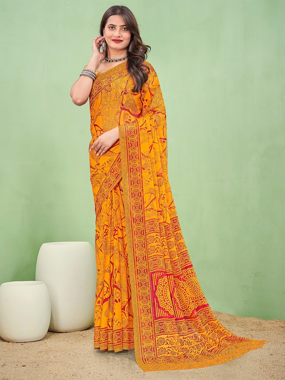 

Panzora Ethnic Motifs Poly Chiffon Designer Saree, Mustard