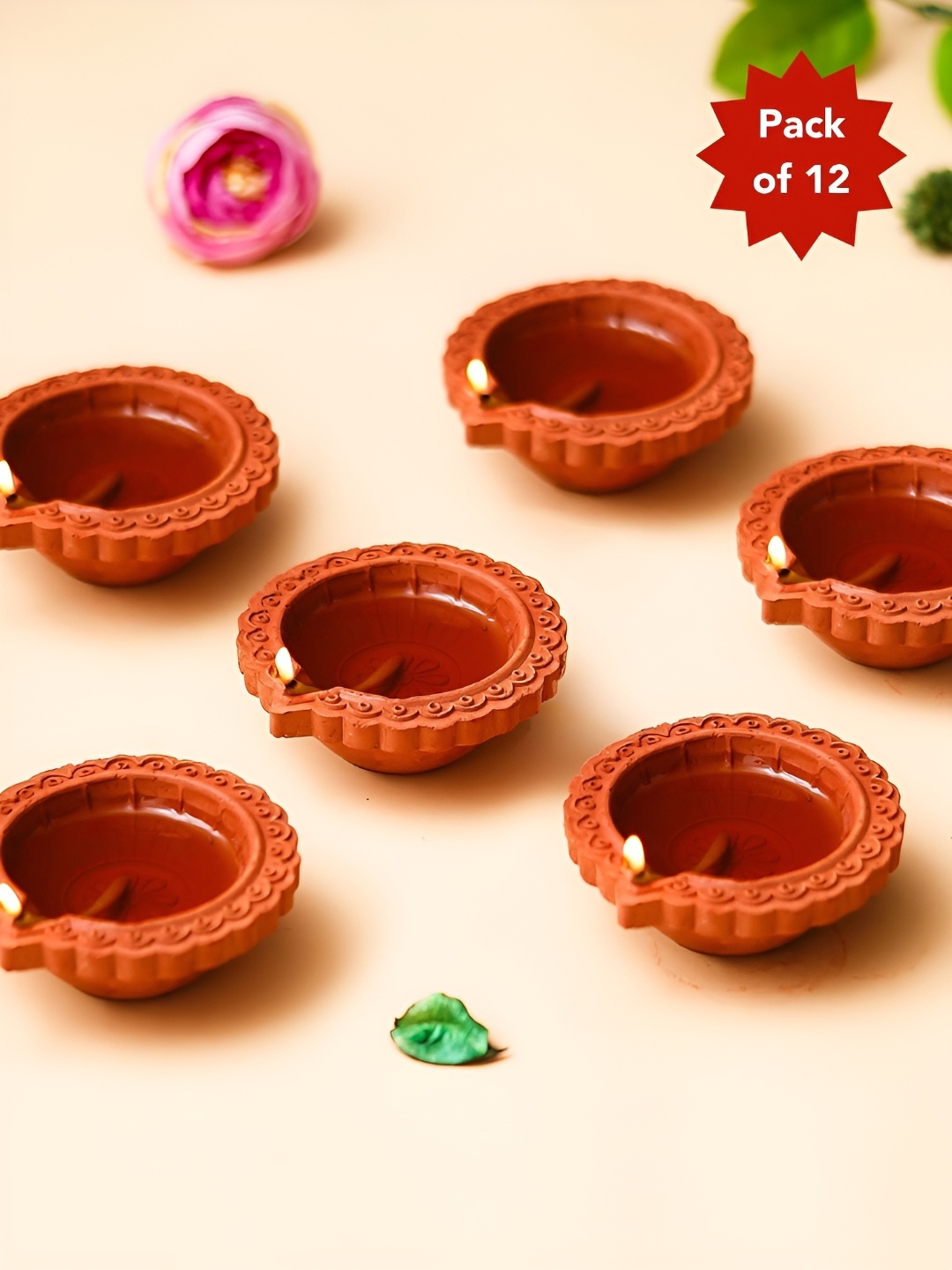 

eCraftIndia Brown 12 Pieces Textured Terracotta Clay Diyas