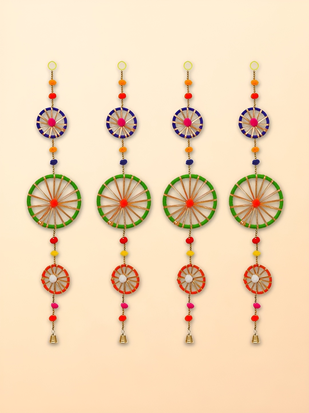 

eCraftIndia Green & Orange 4 Pieces Rings With Pom-Pom Tassels Bell Wall Hangings Toran