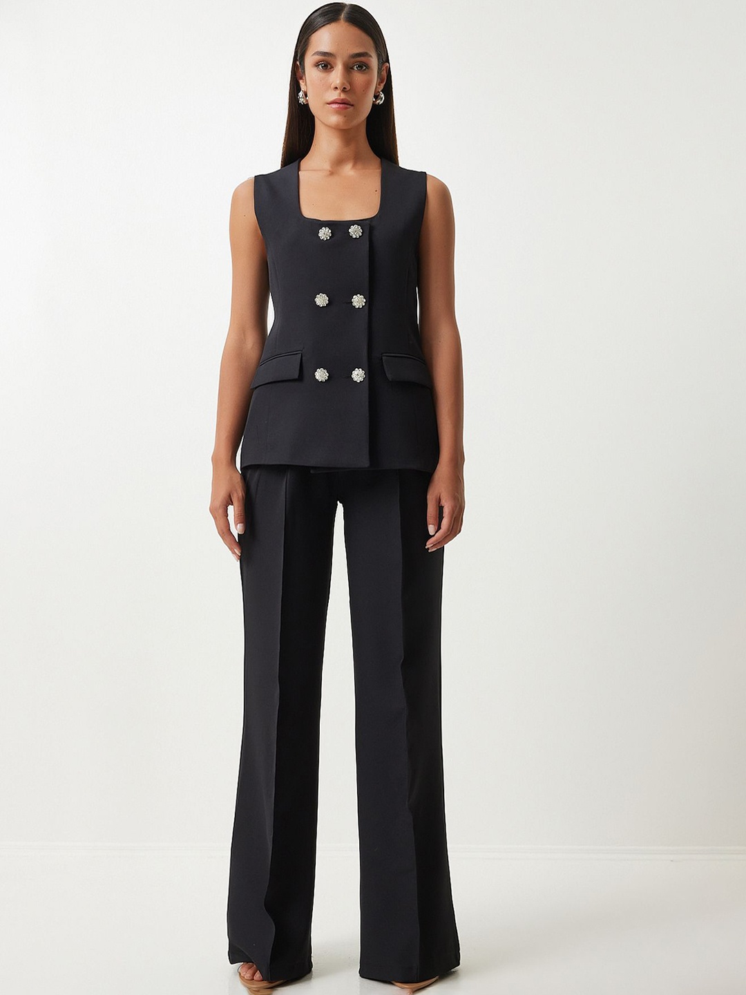 

Happiness istanbul Square Neck Top With Trouser, Black