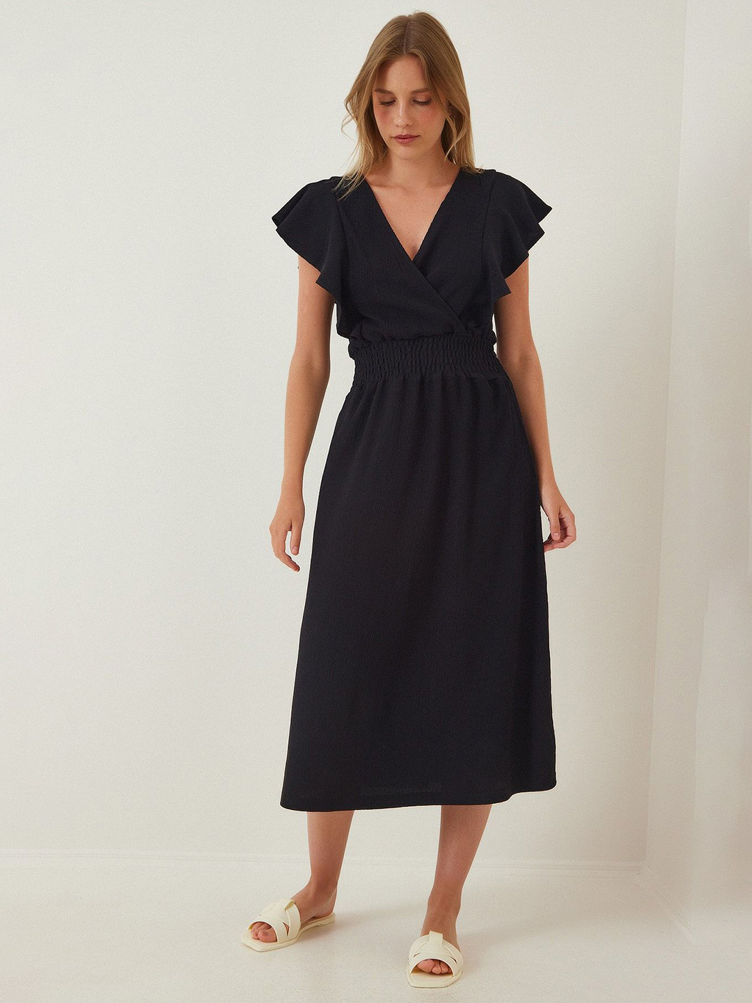 

Happiness istanbul Flutter Sleeve Fit and Flare Midi Dress, Black