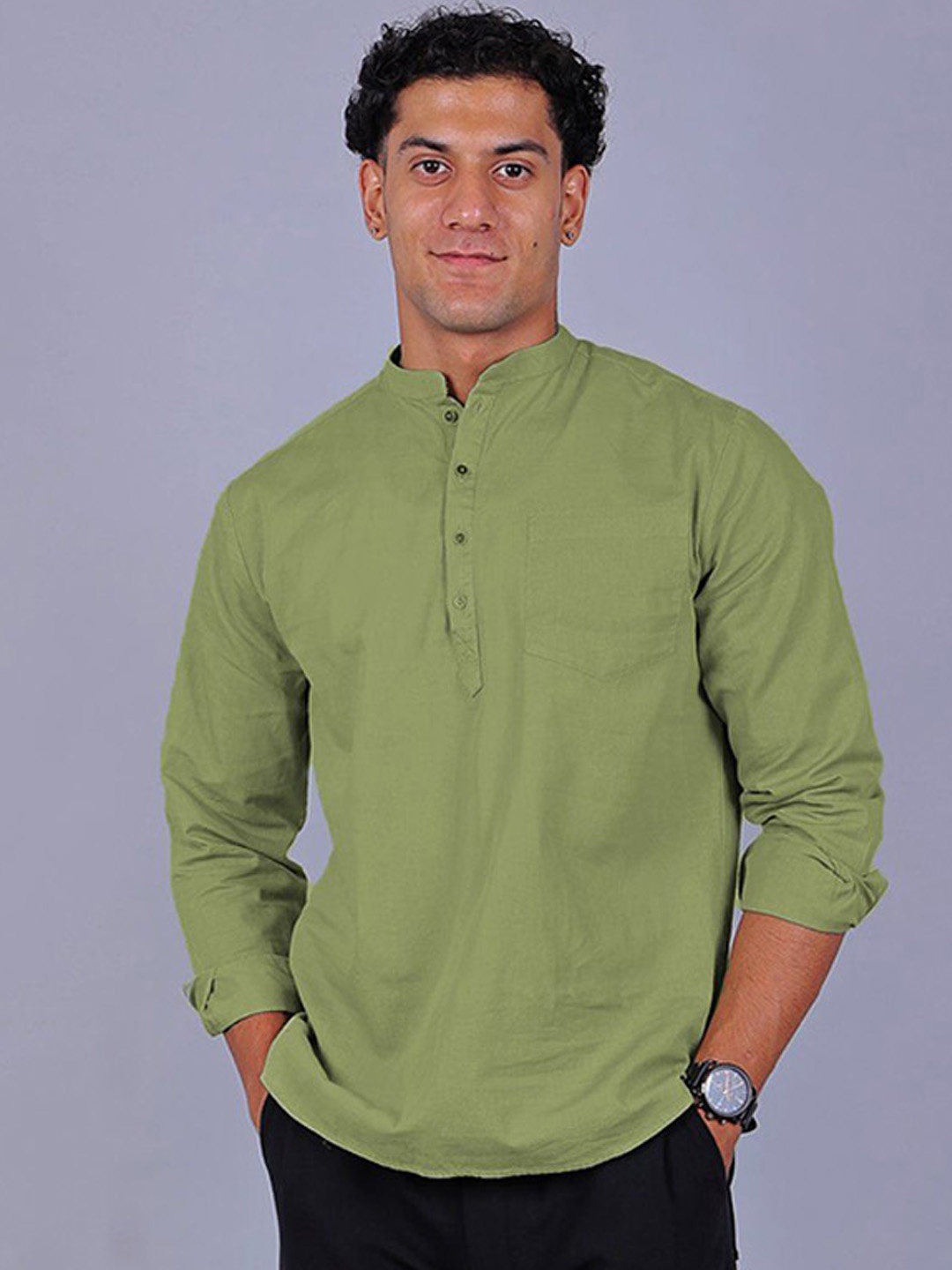 

BLUEBIRD Mandarin Collar Pure Cotton Kurta, Green