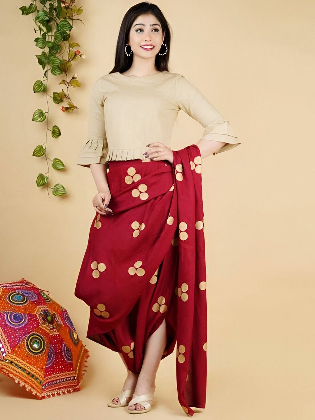 

Parth Fab Polka Dots Printed Ethnic Dhoti Saree, Red