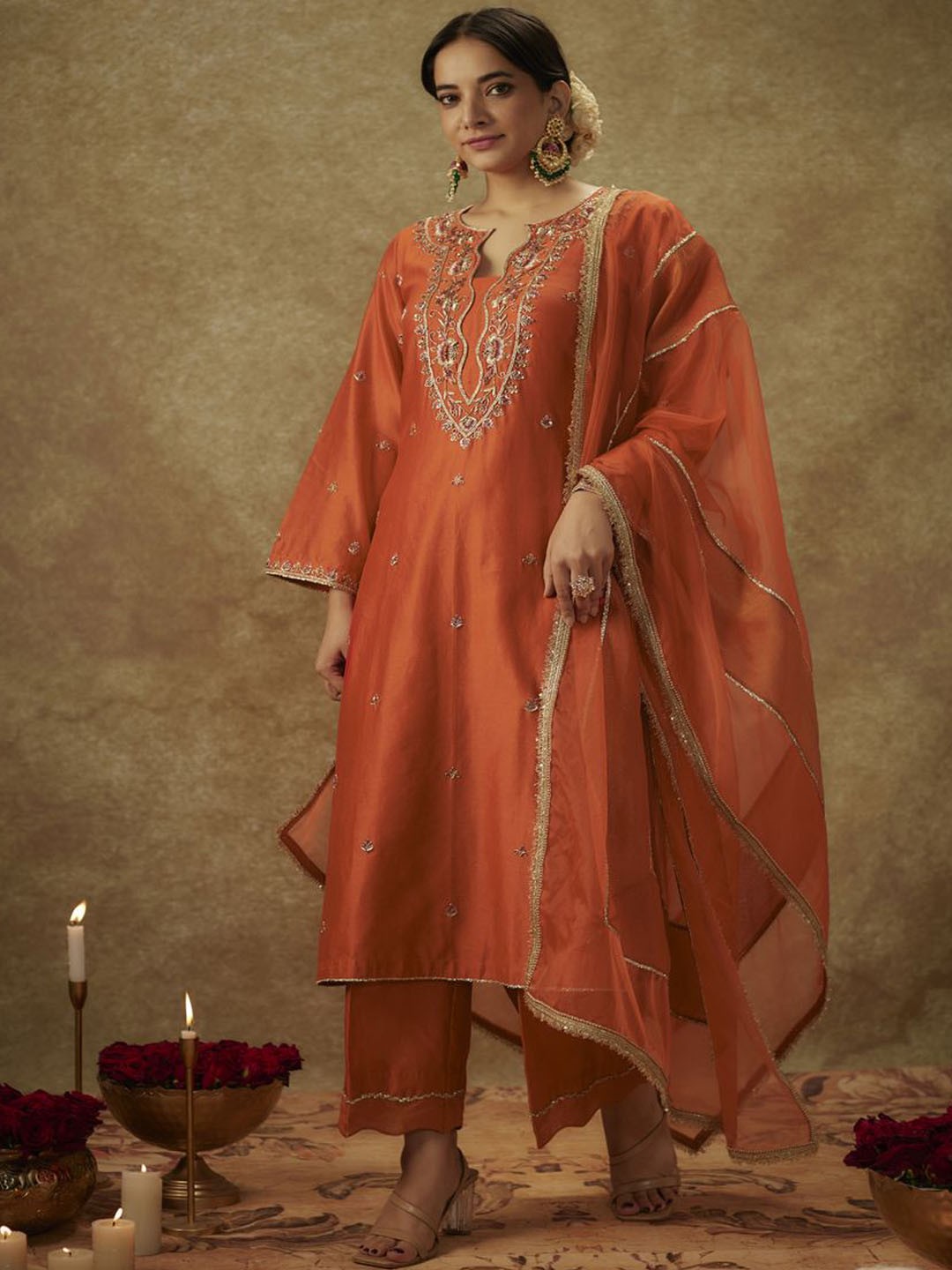 

The Aarya Floral Embroidered Regular Zari Chanderi Silk Kurta With Trousers & Dupatta, Orange