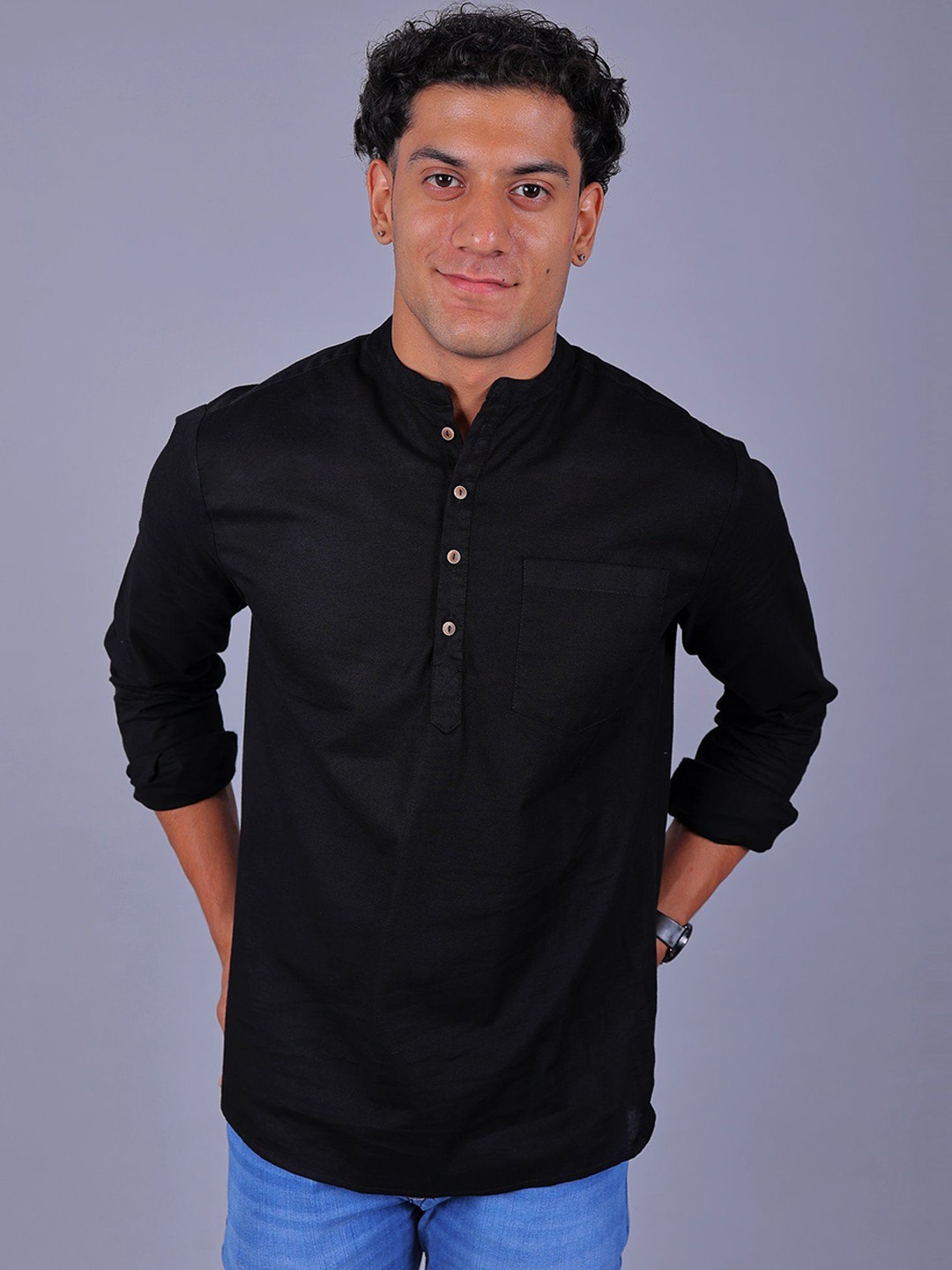 

BLUEBIRD Mandarin Collar Pure Cotton Kurta, Black