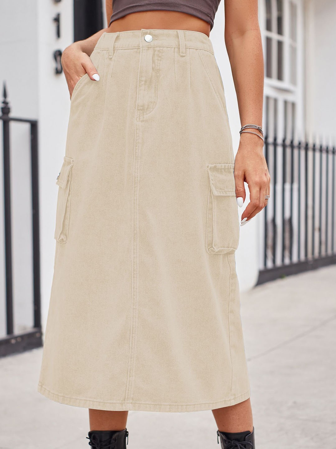 

StyleCast Denim Midi A-Line Skirt, Beige