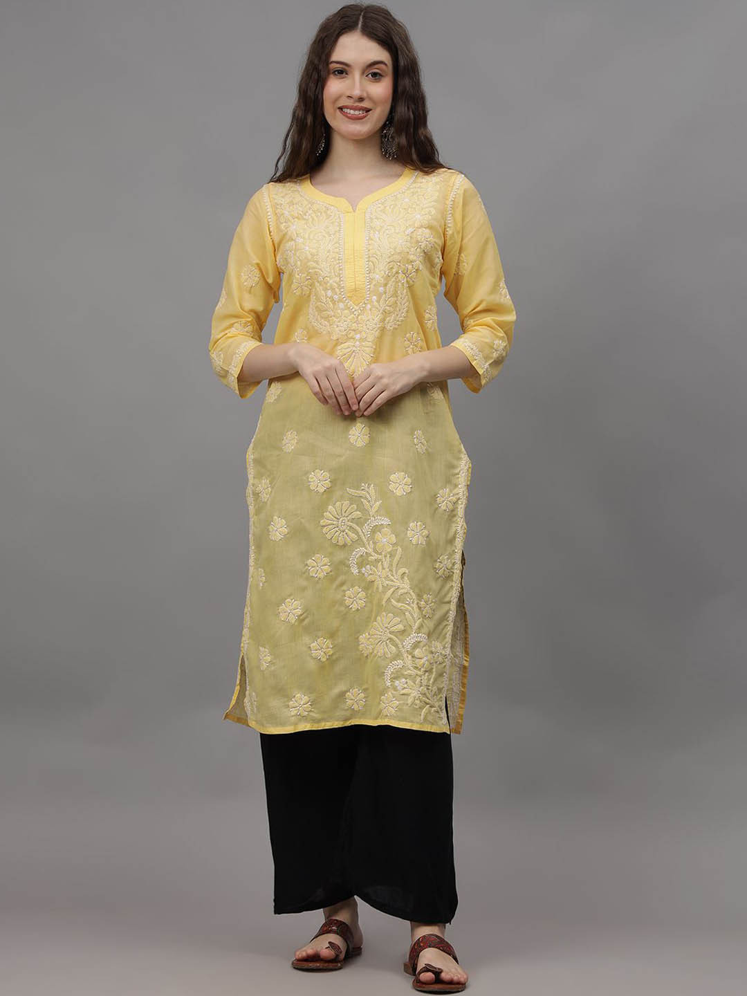 

Seva Chikan Floral Embroidered V-Neck Lucknowi Chikankari Cotton Straight Kurta, Yellow