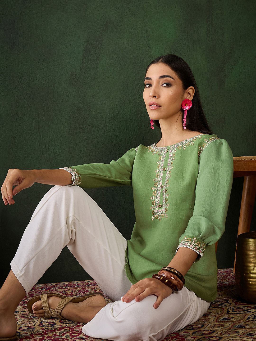 

Sangria Embroidered A-Line Tops, Green