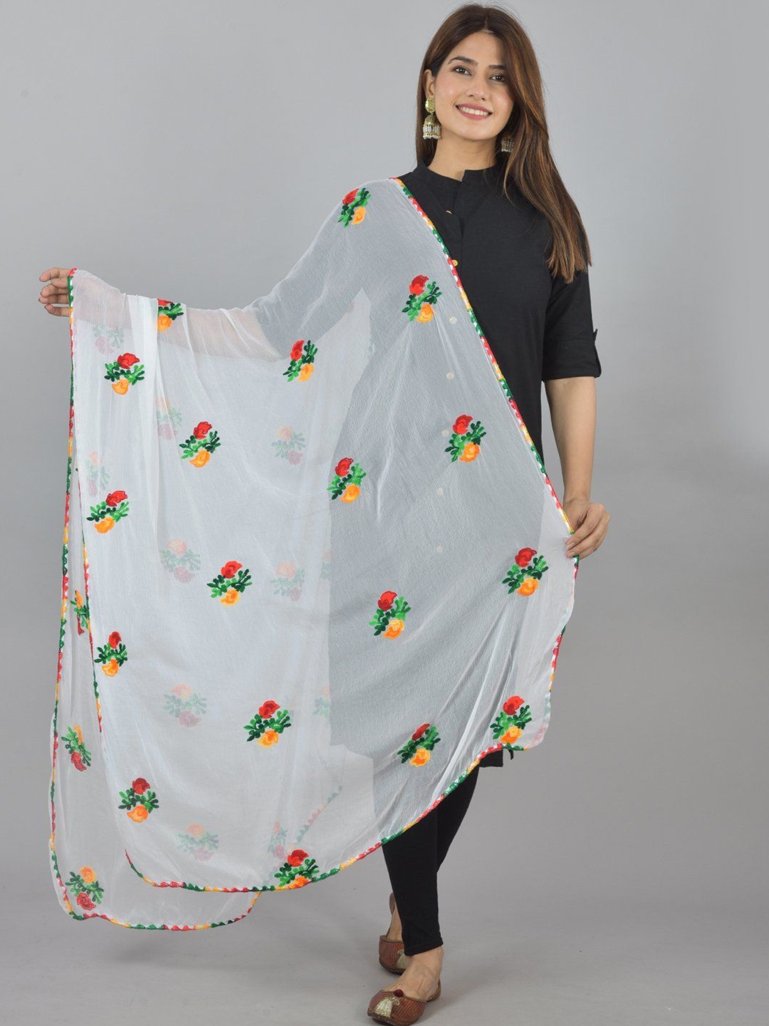 

LA FEMINAE Embroidered Dupatta, White