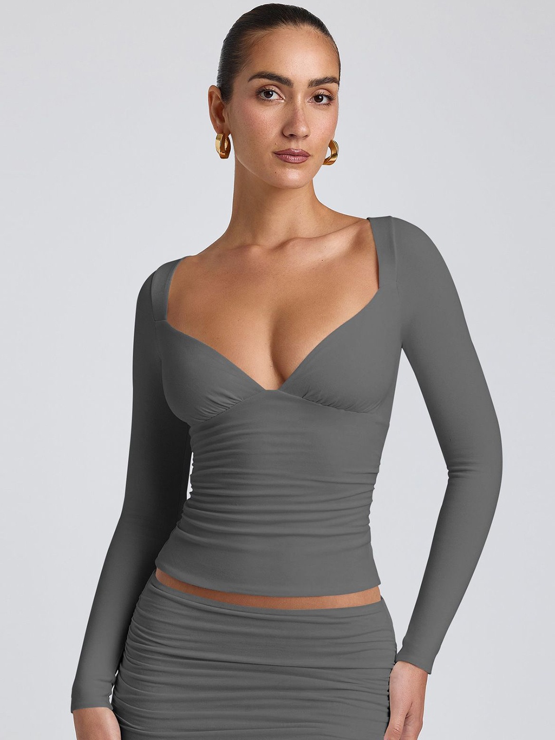 

HERE&NOW Striped Sweetheart Neck Top, Grey