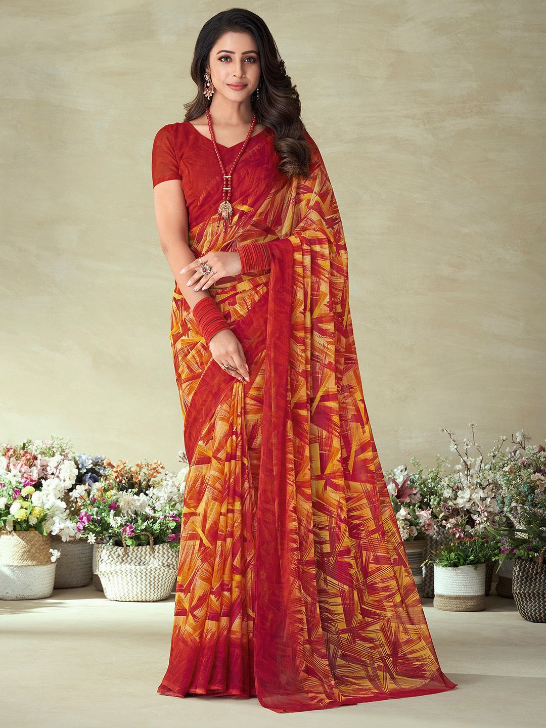 

Panzora Poly Chiffon Saree, Red