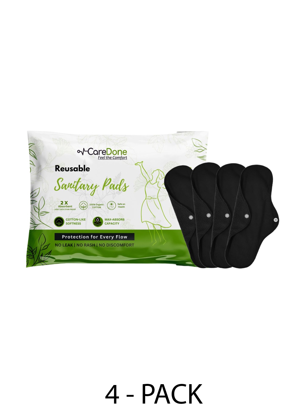 

CareDone Set Of 4 Reusable 100% Organic Cotton Sanitary Cloth Pads - XL, Black