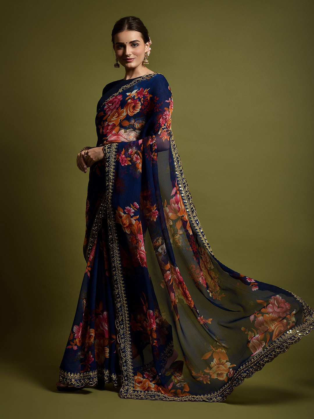 

Anouk Floral Poly Chiffon Saree, Navy blue