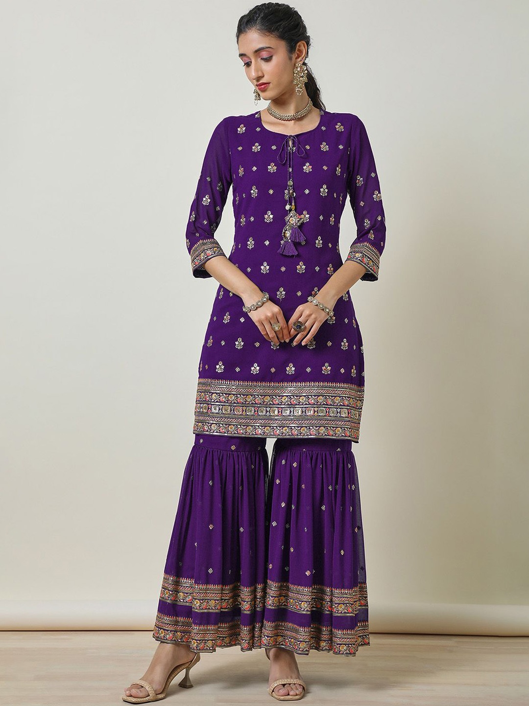 

Soch Floral Embroidered Sequinned Georgette Straight Kurti With Sharara & Dupatta, Purple