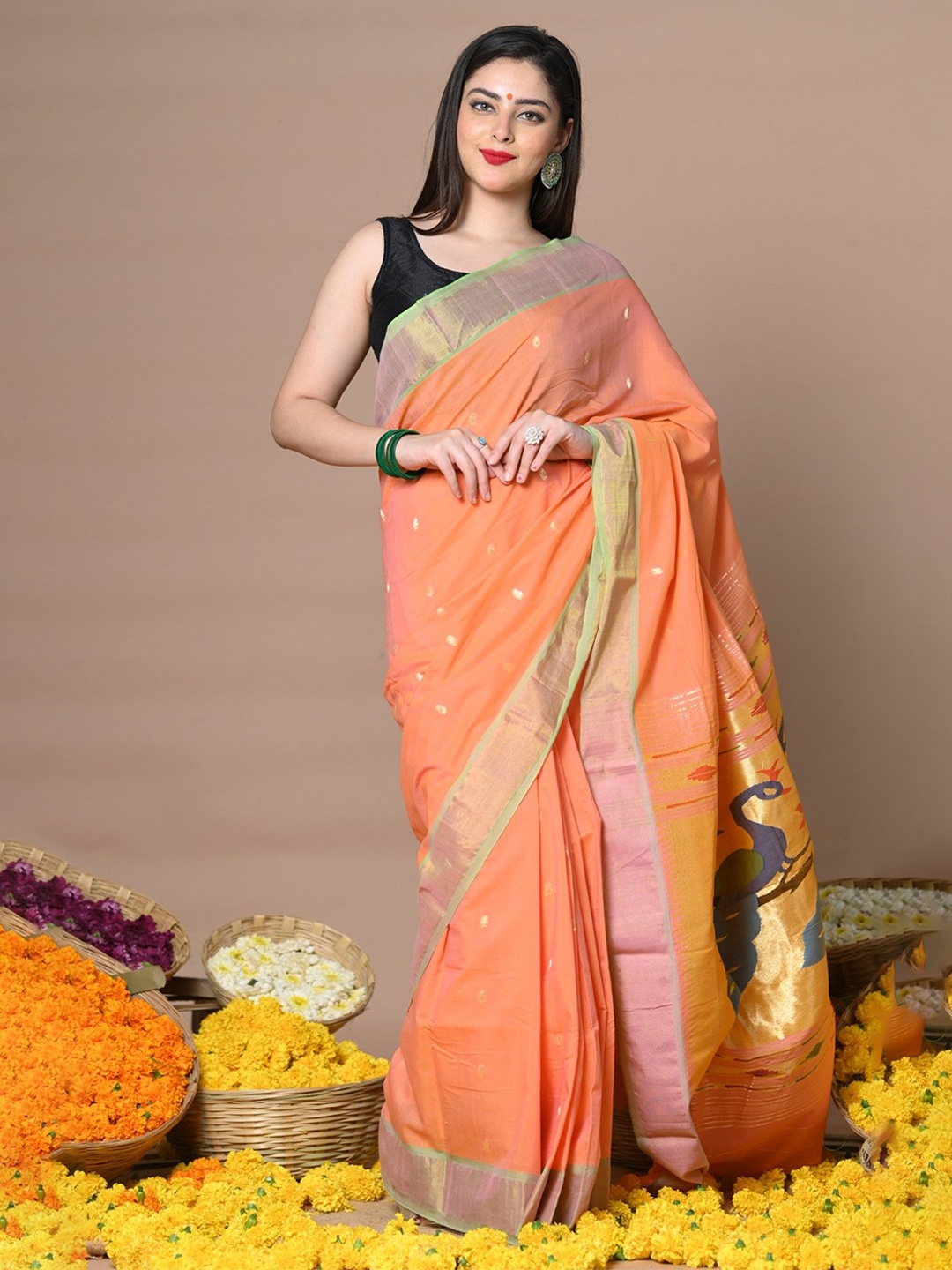 

Women Indian Ethnic Motifs Zari Pure Cotton Paithani Saree, Peach