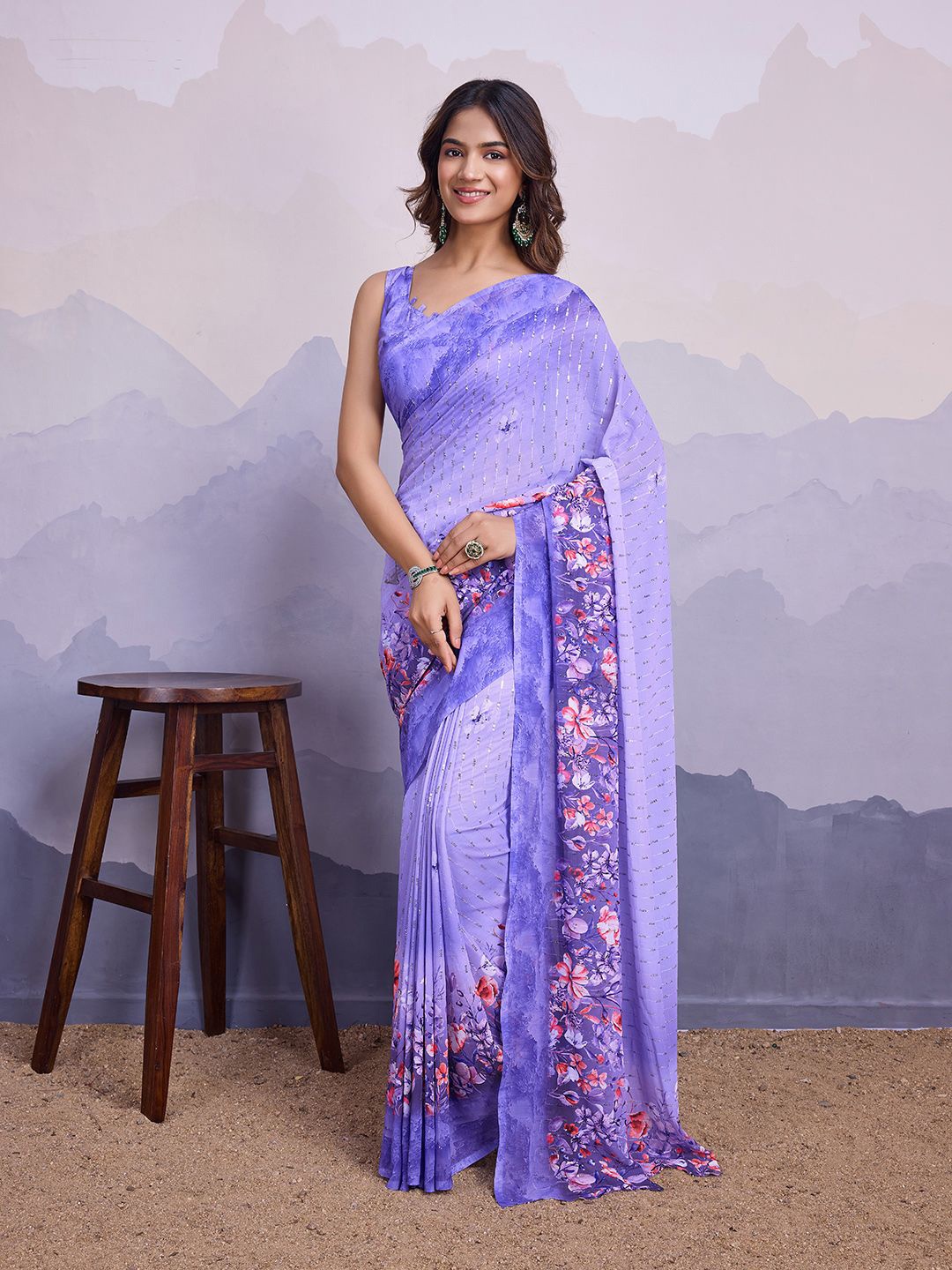 

all about you Floral Sequinned Poly Chiffon Banarasi Saree, Navy blue