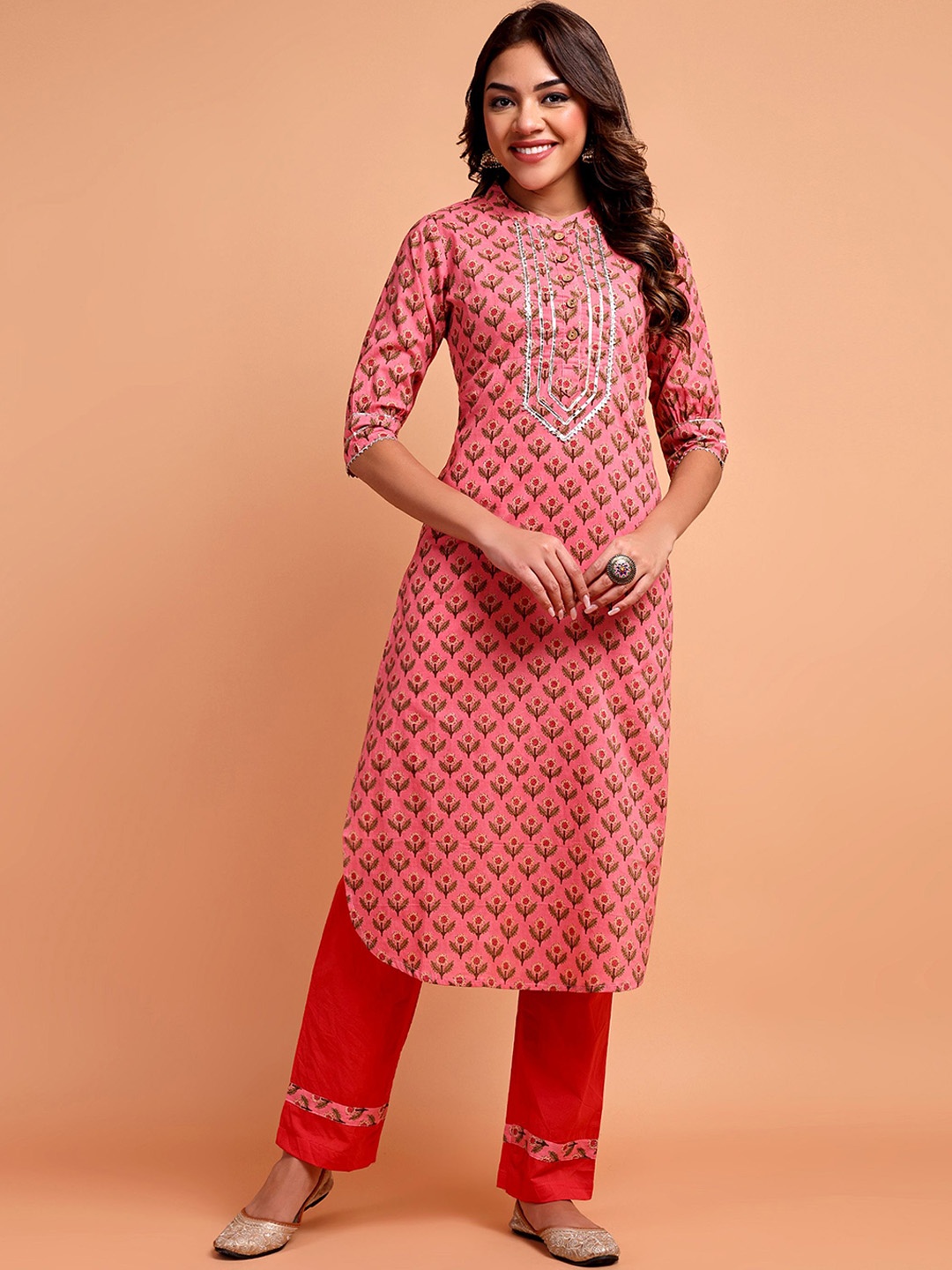 

Vastara the Label Ethnic Motifs Printed Pure Cotton Straight Kurta with Trousers, Pink