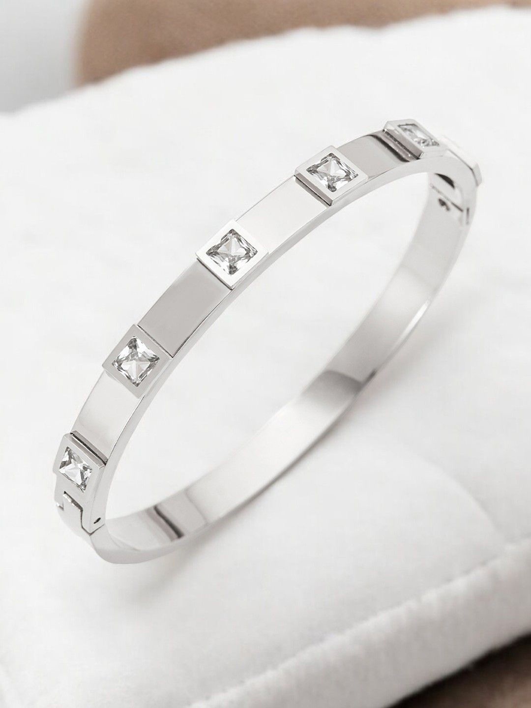 

Jewels Galaxy Silver-Plated Stainless Steel American Diamond Bangle-Style Bracelet