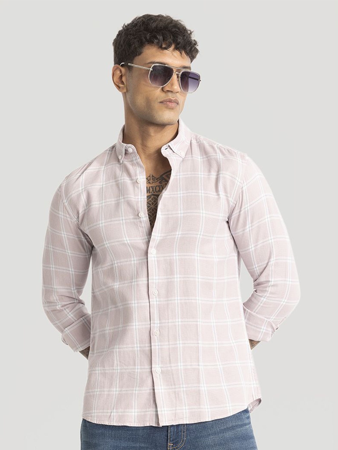 

Snitch Men Smart Slim Fit Opaque Checked Casual Shirt, Pink