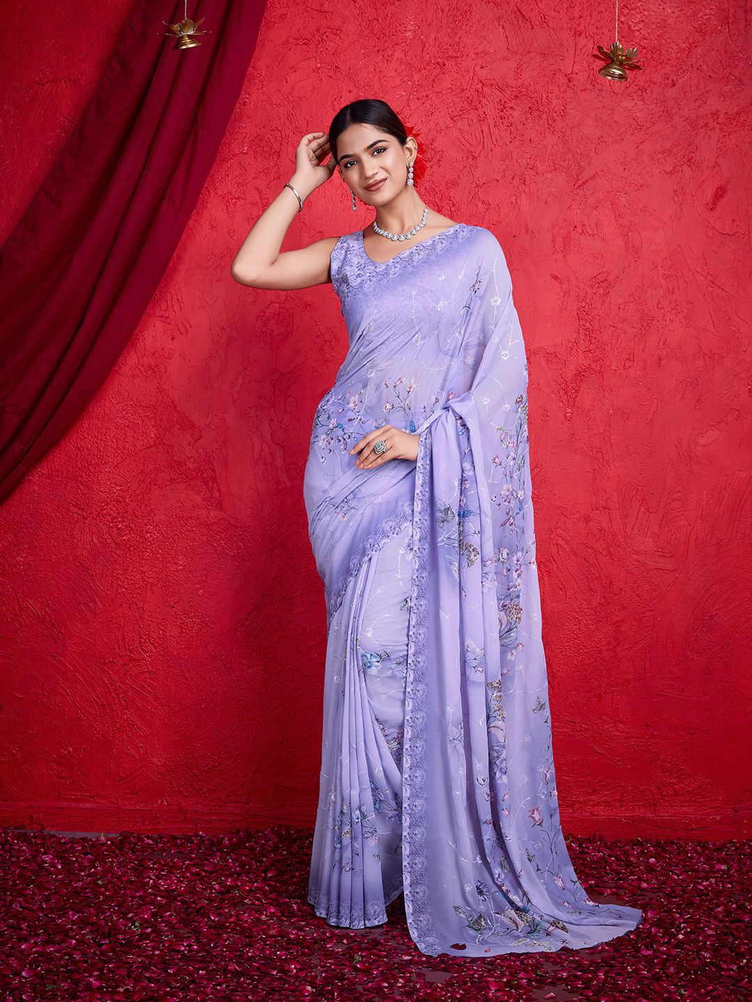 

all about you Floral Sequinned Poly Chiffon Banarasi Saree, Blue