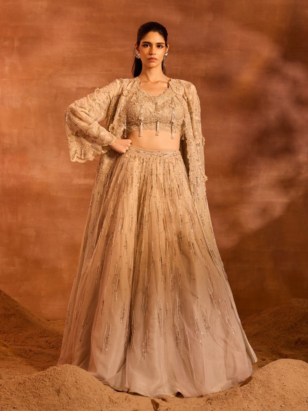 

DIVYA AGGARWAL Embellished Beads & Stones Ready to Wear Lehenga With Blouse And Long Cape, Beige