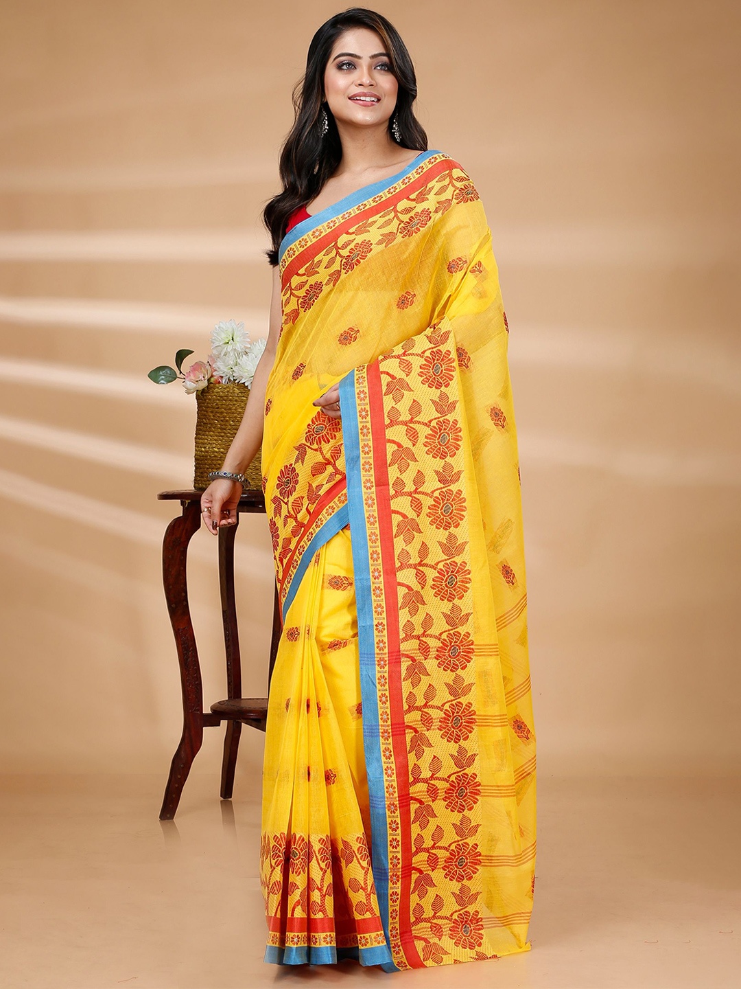 

PuJoy Ethnic Motifs Pure Cotton Taant Saree, Yellow