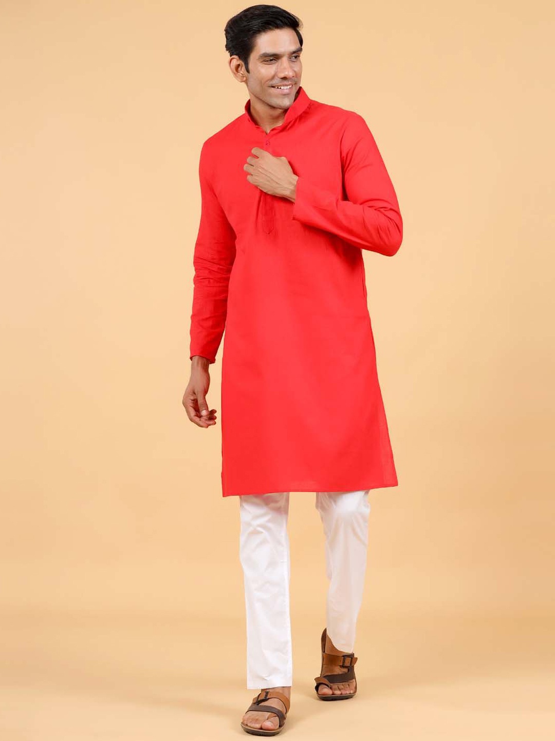 

Tistabene Mandarin Collar Long Sleeves Linen Straight Kurta, Red