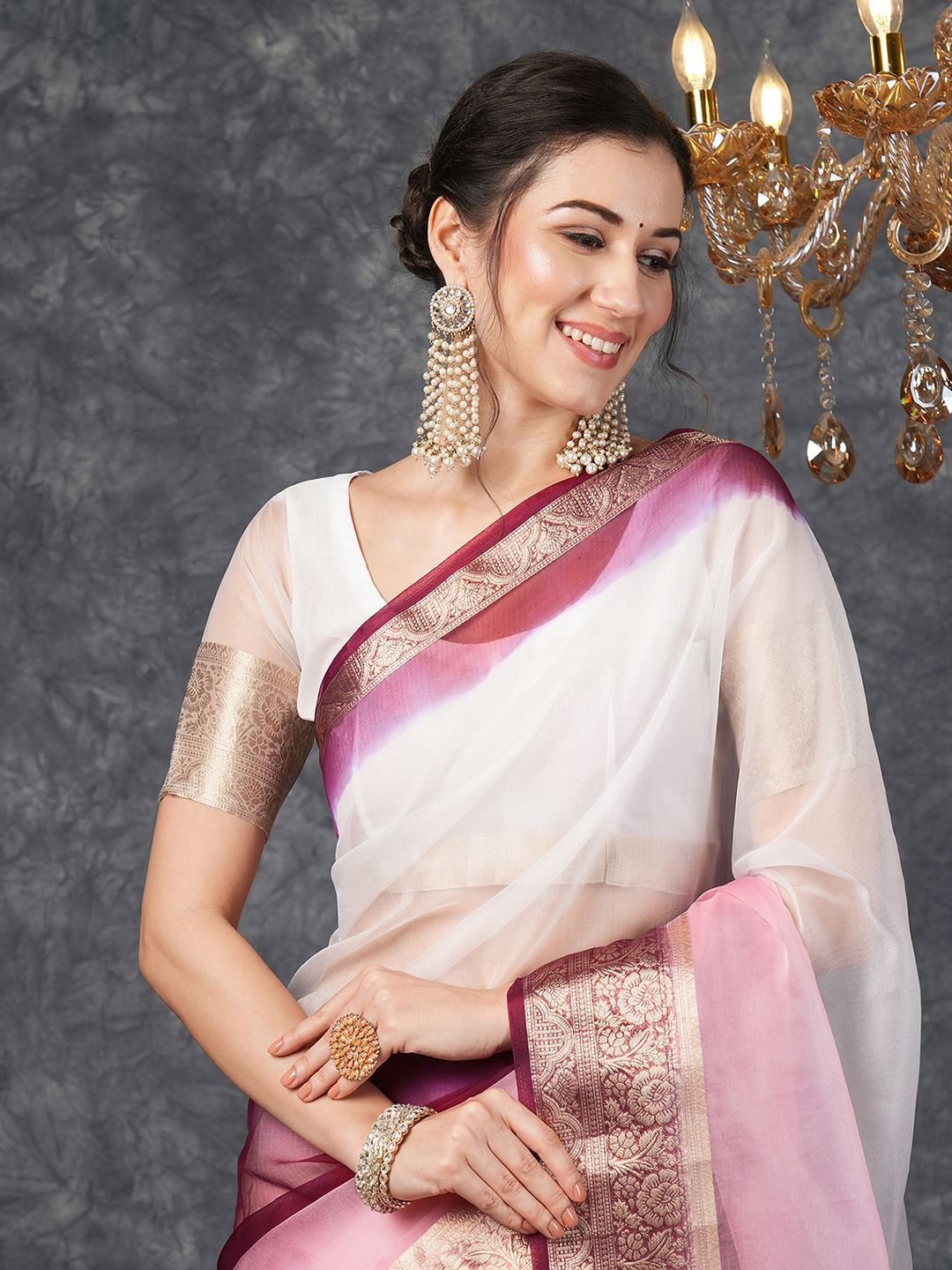 

Satrani Ombre Organza Banarasi Saree, White