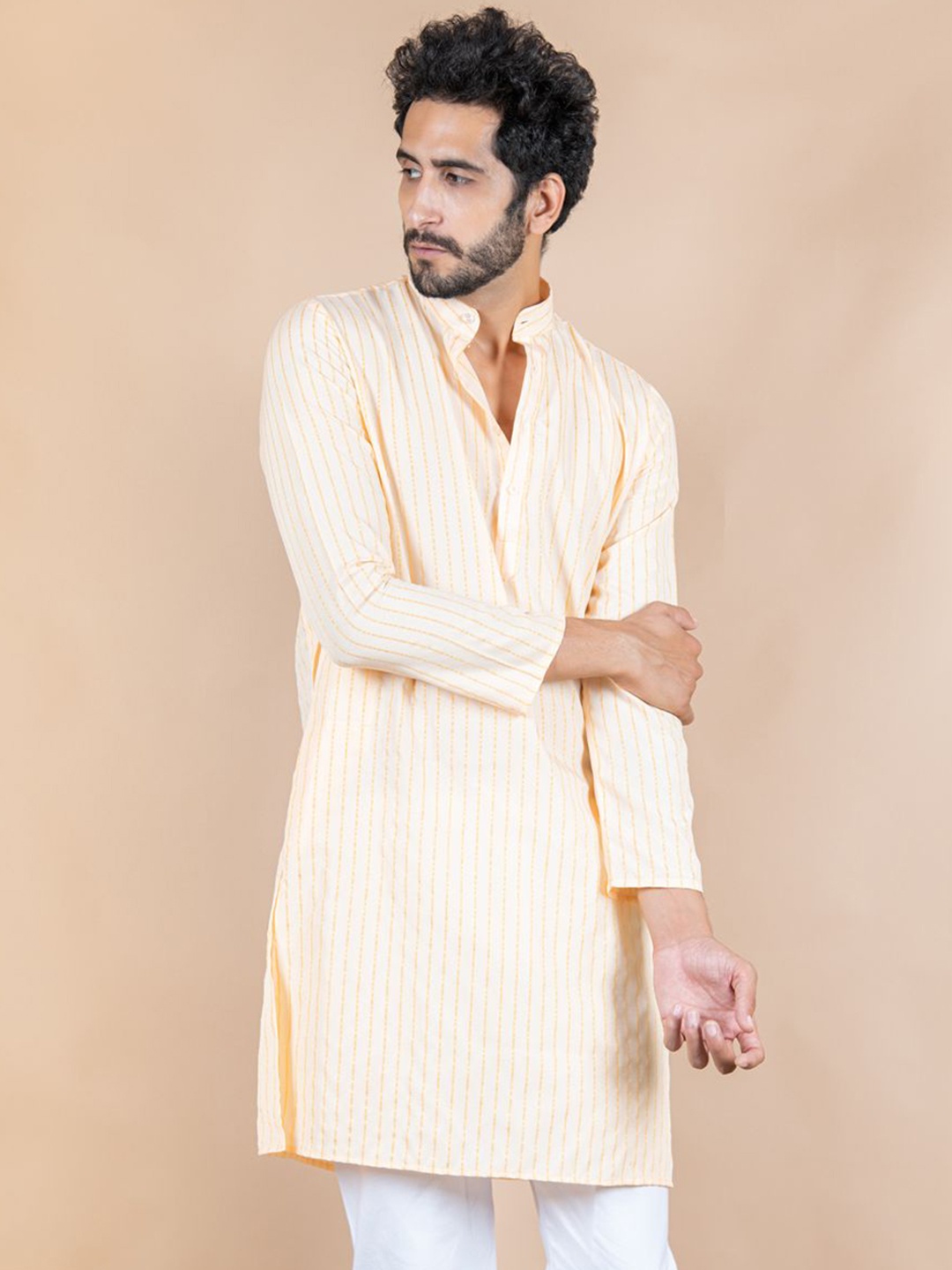 

Tistabene Striped Mandarin Collar Cotton Silk Straight Kurta, Orange