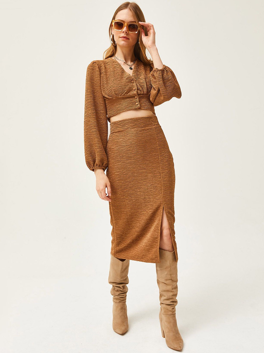 

Olalook Long Sleeve Crop Top & Skirt Co-Ords, Camel brown