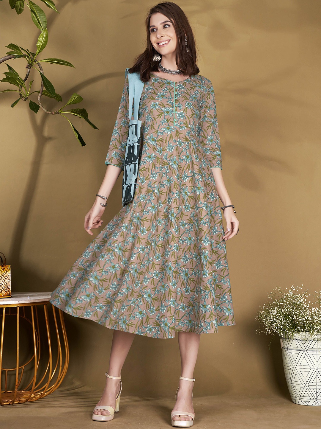 

Anouk Floral Printed Cotton A-Line Ethnic Dress, Beige