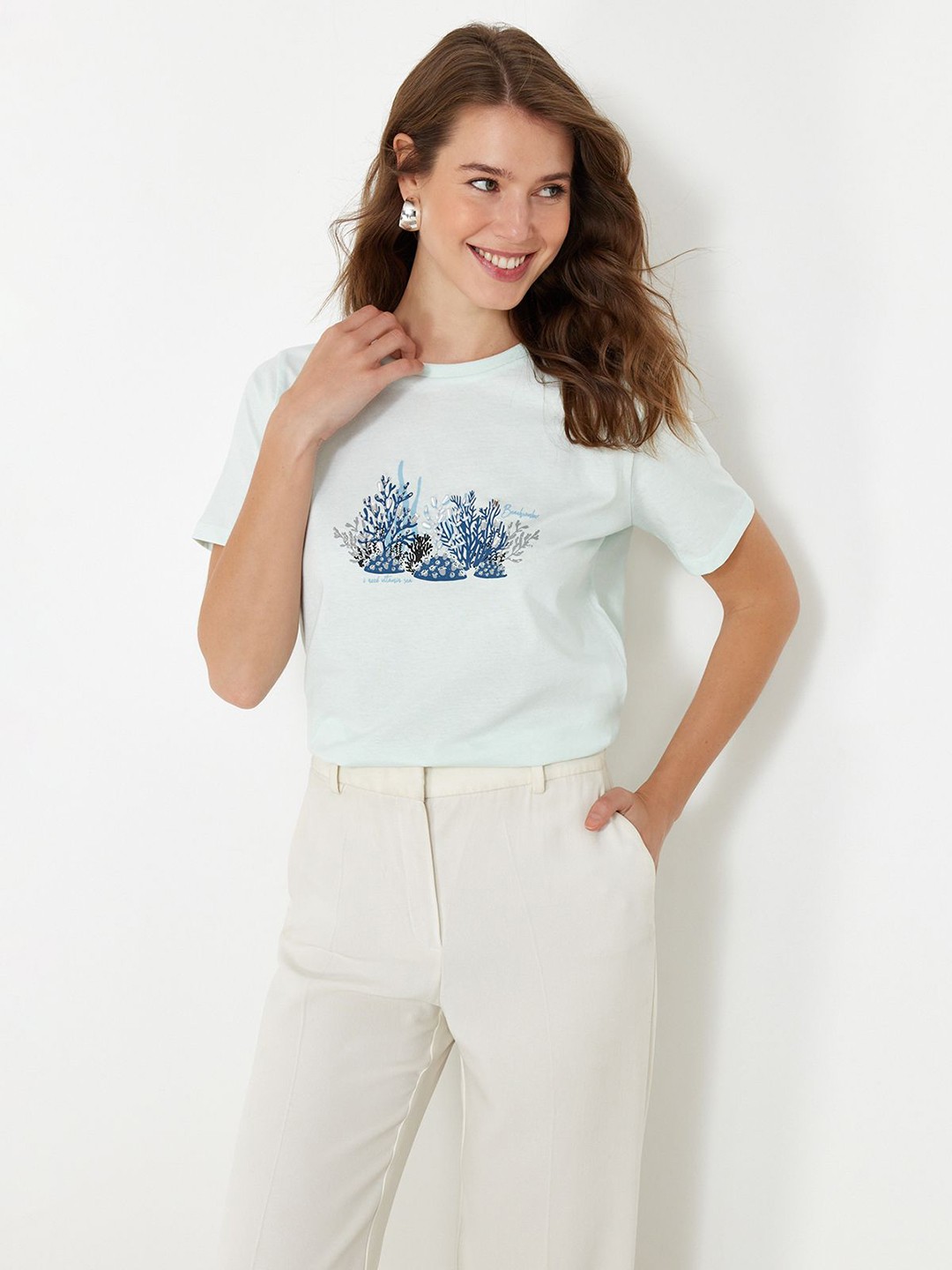 

Trendyol Women Printed High Neck Pockets T-shirt, Na