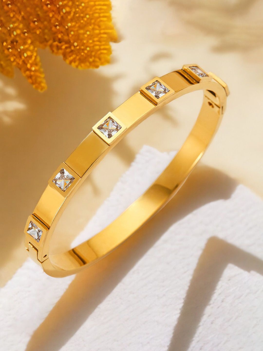 

Jewels Galaxy Gold-Plated Stainless Steel American Diamond Studded Bangle-Style Bracelet