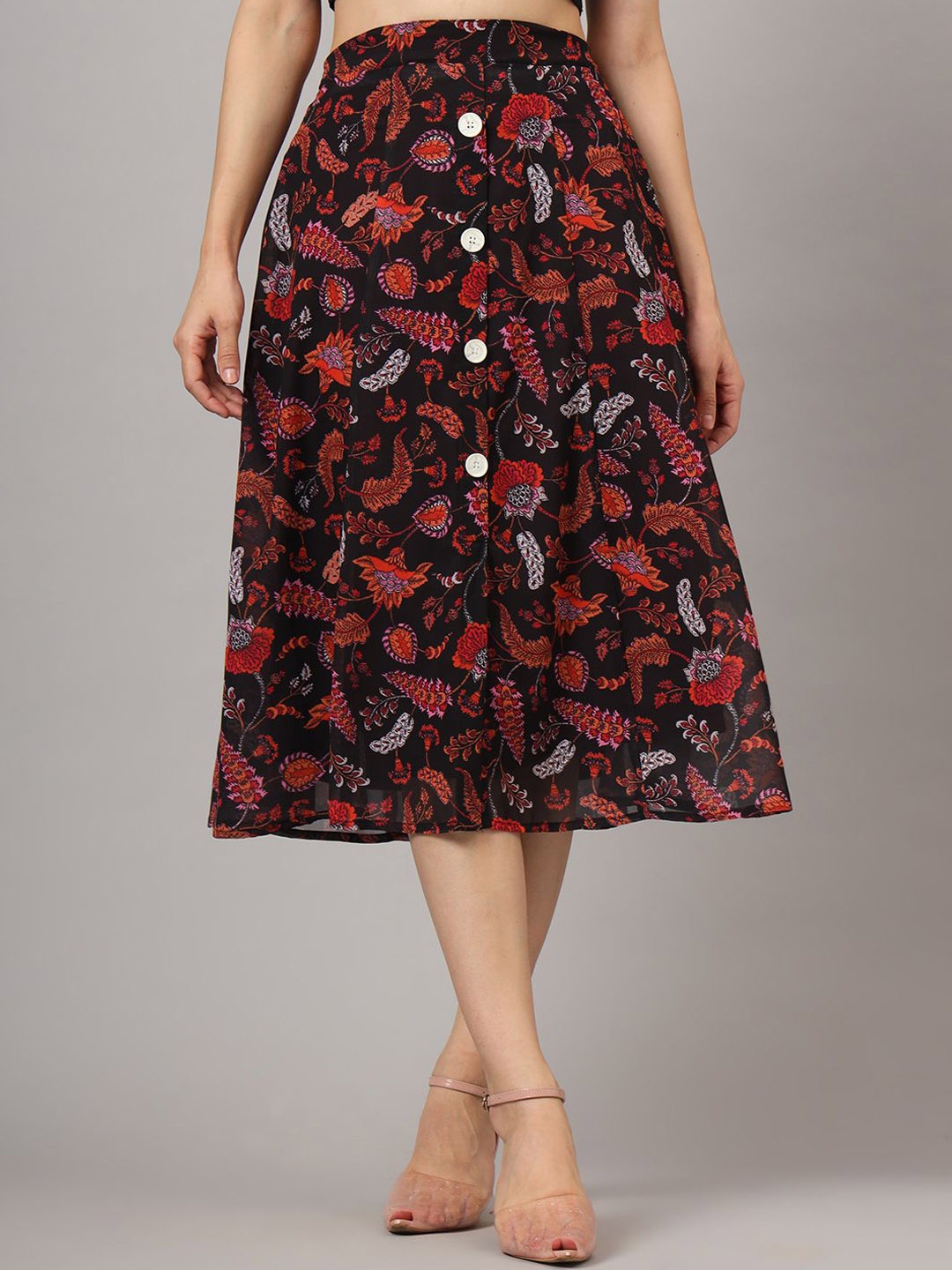 

CHARMGAL Floral Printed Flared Midi Skirt, Black