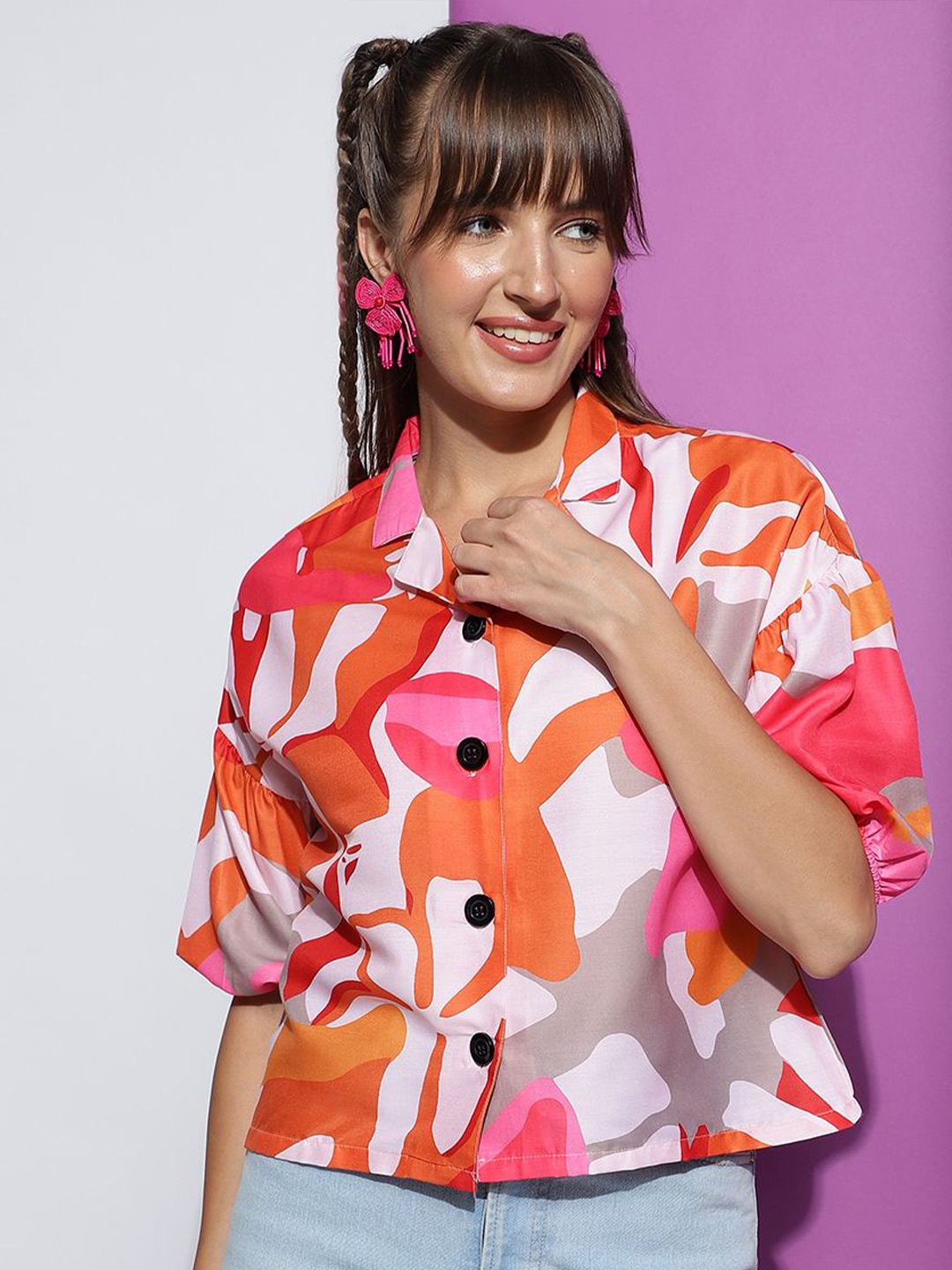 

FashionsEye Print Bishop Sleeves Boxy Crop Top, Orange