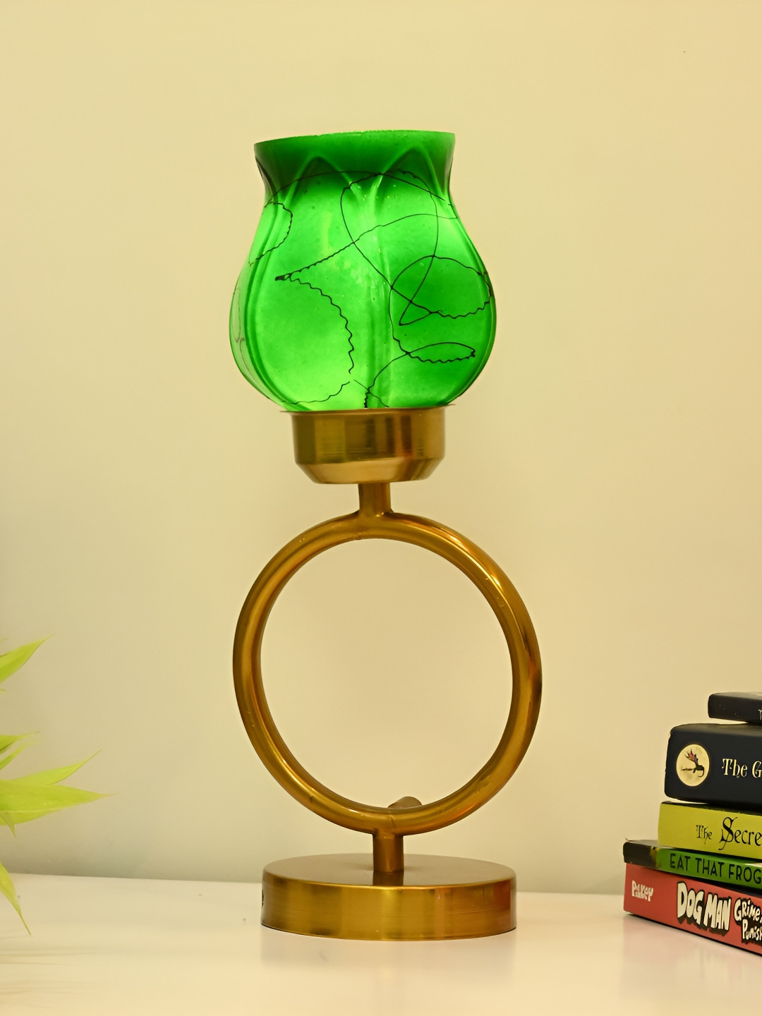 

Afast Green & Gold Toned Printed Traditional Bell Shaped Glass Table Lamp