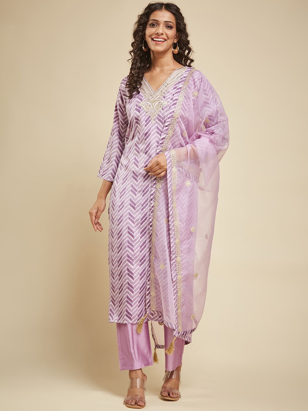

THE52 Printed Straight Kurta with Trousers & With Dupatta, Purple