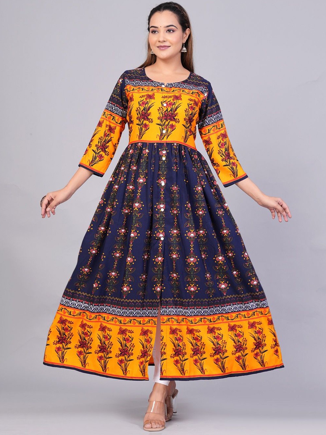 

OKD Empires Ethnic Motif Printed Pleated Anarkali Kurta, Mustard