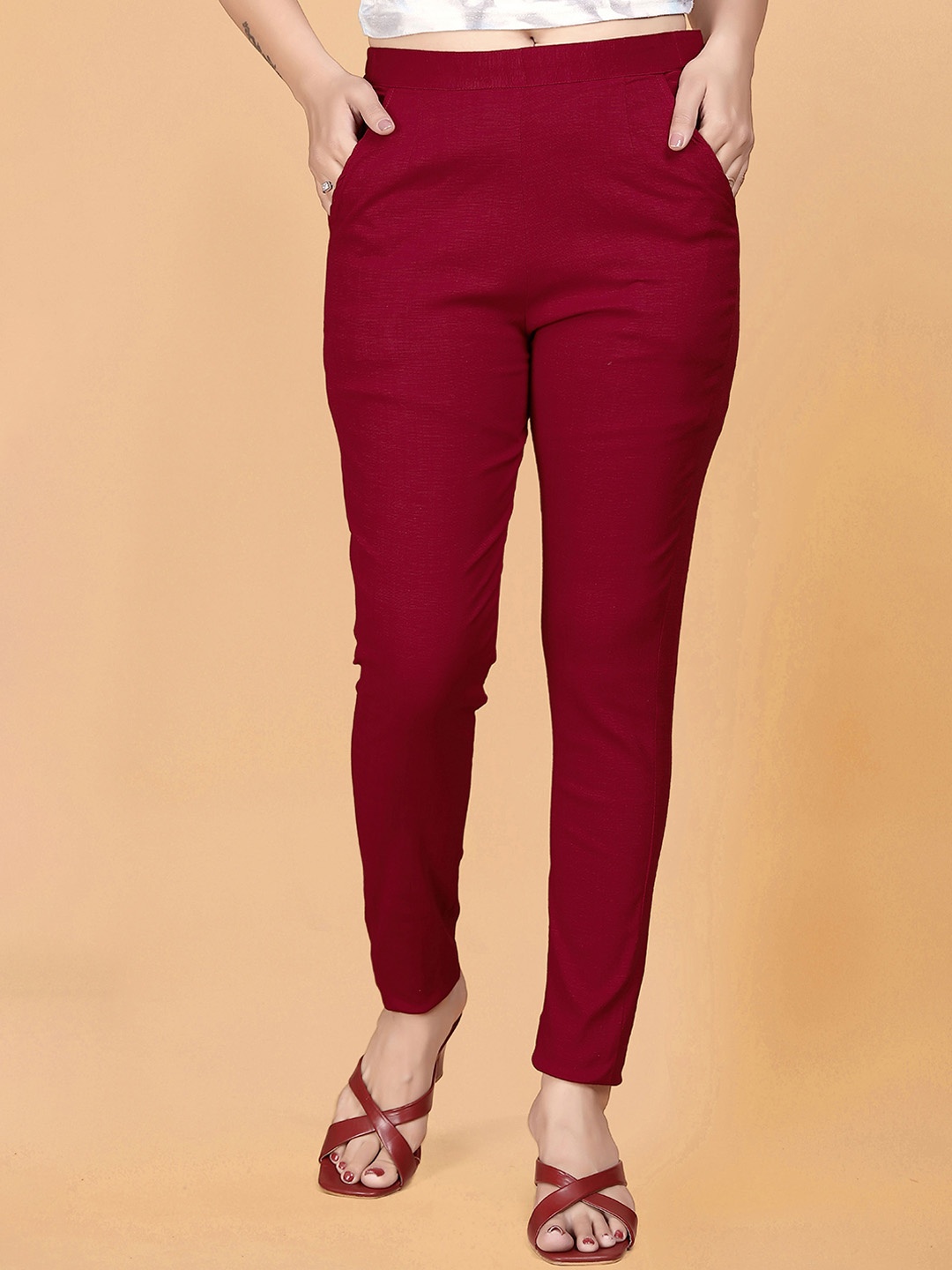 

VORHIZA Women Easy Wash Trousers, Maroon