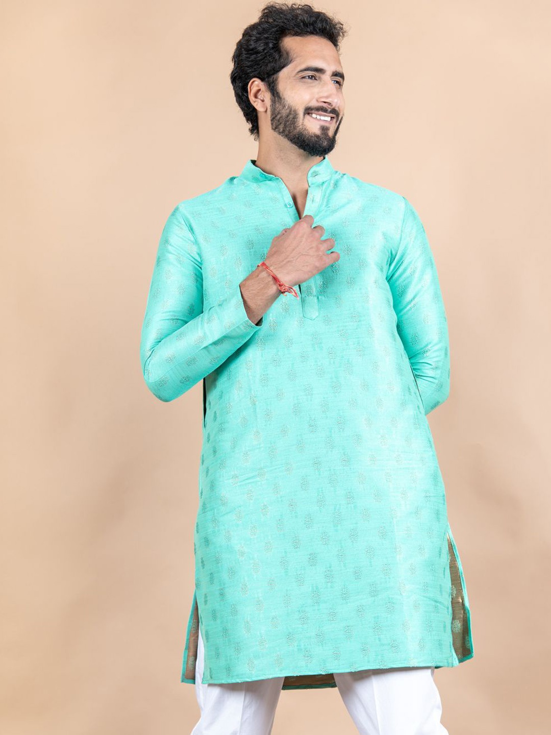 

Tistabene Ethnic Motifs Woven Design Mandarin Collar Cotton Silk Straight Kurta, Turquoise blue