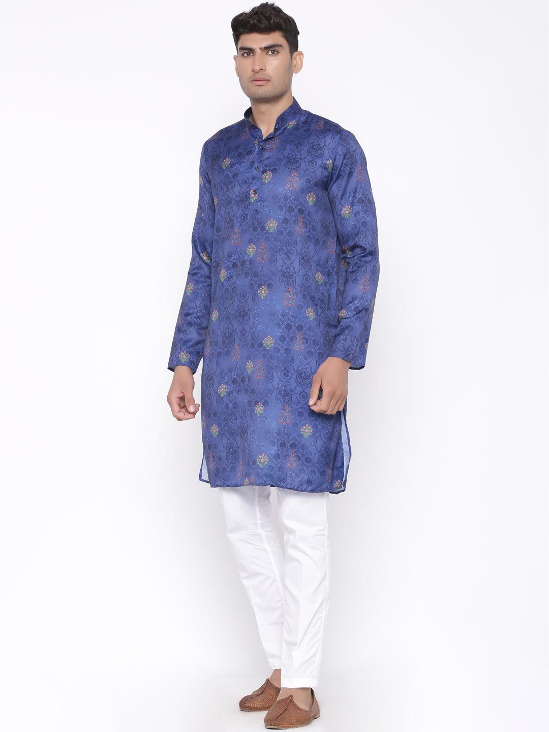 

Tistabene Floral Printed Mandarin Collar Cotton Silk Straight Kurta, Blue