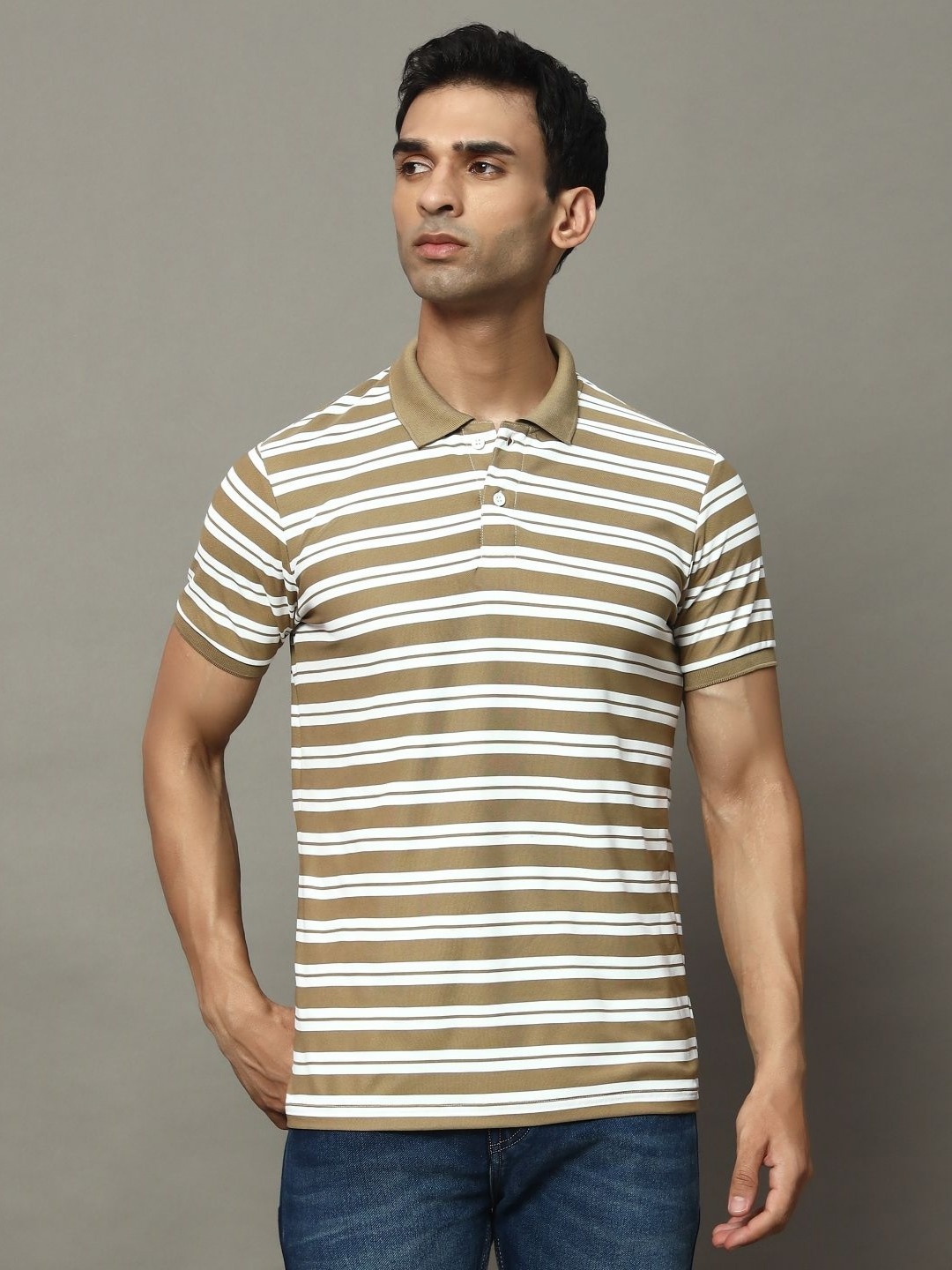 

OGEN Men Striped Polo Collar Pockets T-shirt, Brown