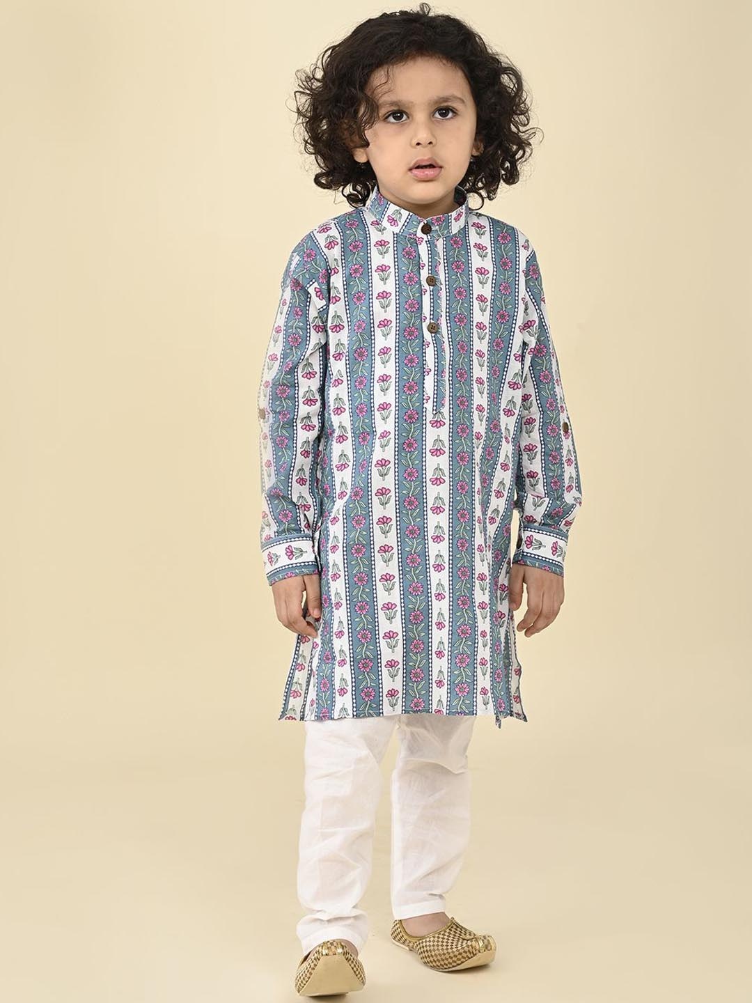 

LIL PITAARA Boys Floral Printed Pure Cotton Kurta with Pyjamas, Blue
