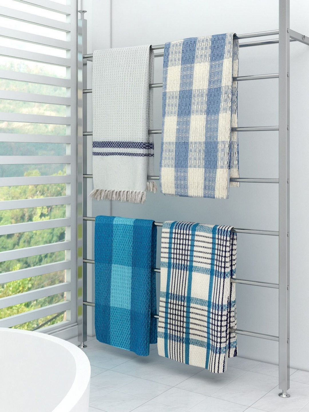 

Aura Blue & White 4 Pieces Checked Cotton 210 GSM Bath Towel
