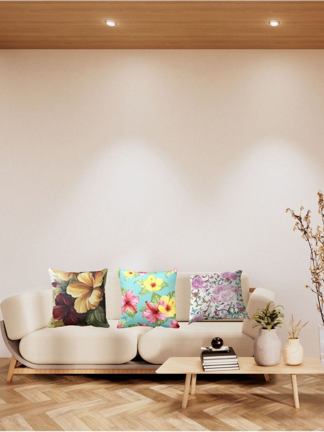 

THEYAYACAFE Yellow & Pink 3 Pieces Floral Printed Velvet Square Cushion Covers
