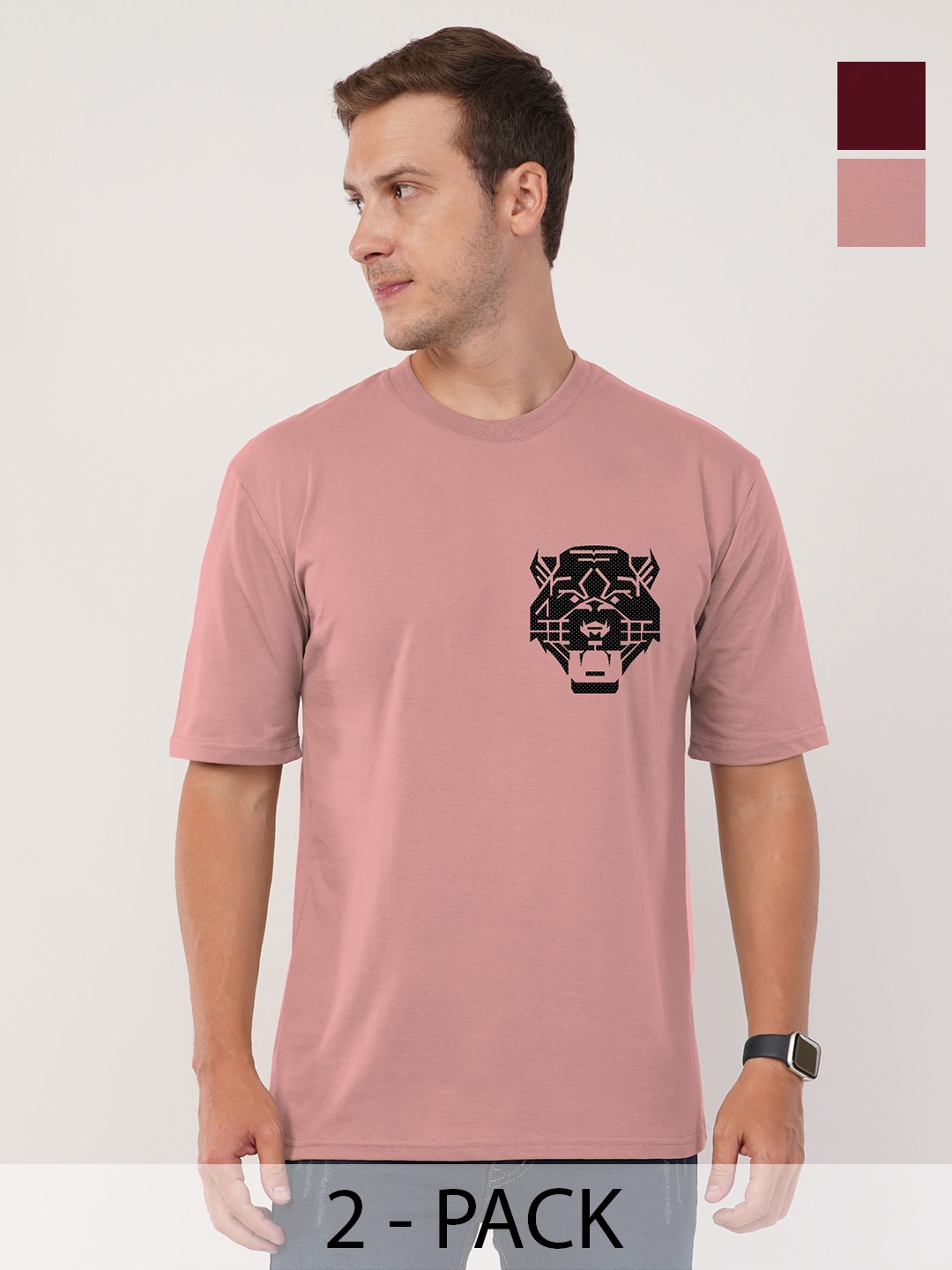 

AUSK Men 2 Printed Raw Edge T-shirt, Maroon