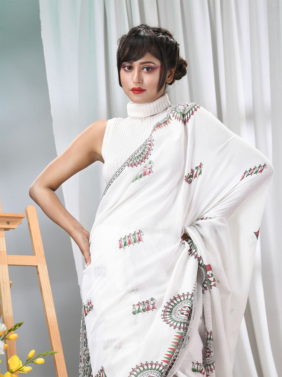 

TANTLOOM Warli Pure Cotton Printed Saree, White